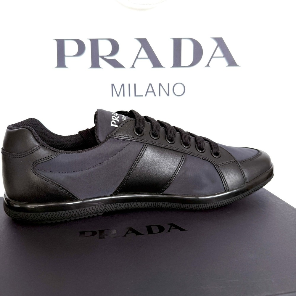 PRADA 2EG355 Blue Black Leather Re-Nylon Sneakers Shoes - NEW - US 10.5 UK 9.5 - Picture 2 of 15